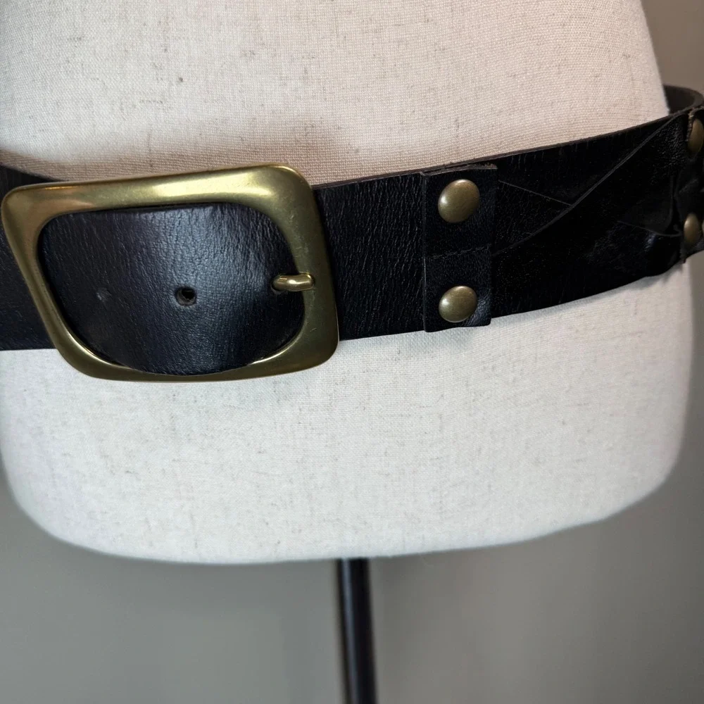 Linea Pelle Black Genuine Leather Stud Belt LPWD06508 Medium